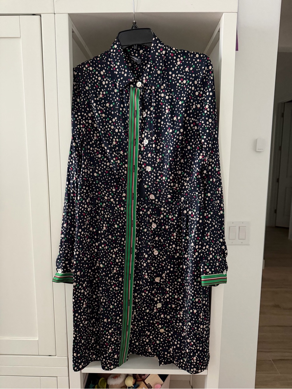 Nanette Lepore Navy Polka Dot Long Sleeve Shirt Dress with Green Trim